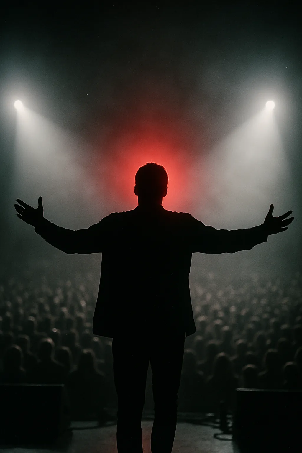 Artist seen from behind facing a packed stadium