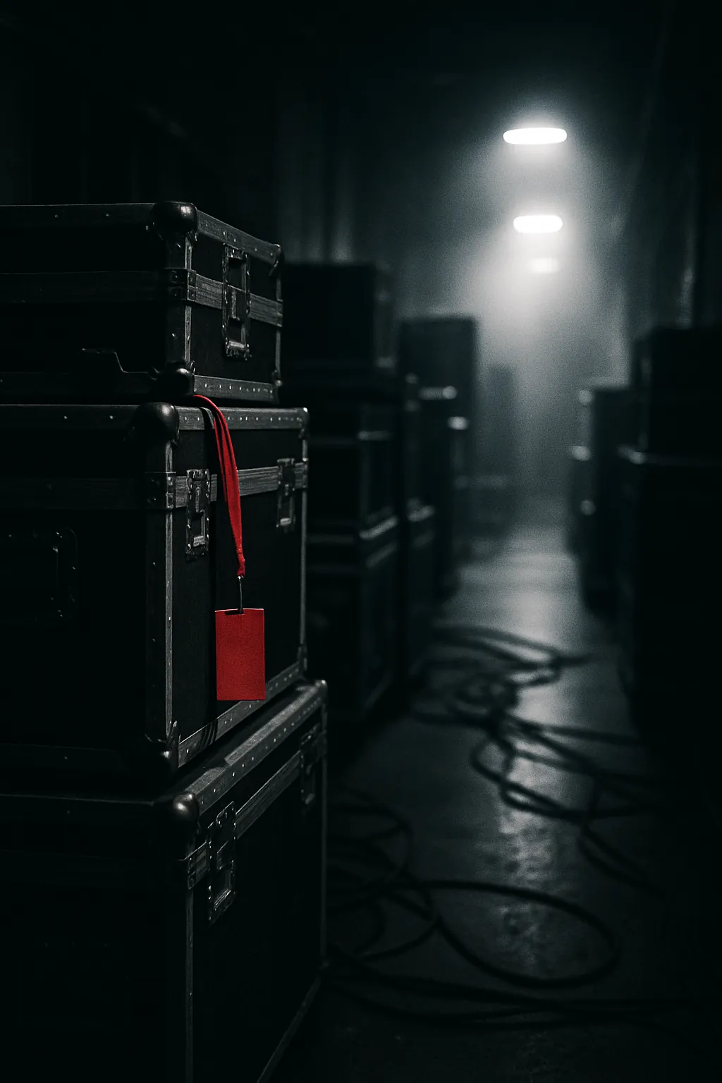 Road cases and cables backstage at an arena