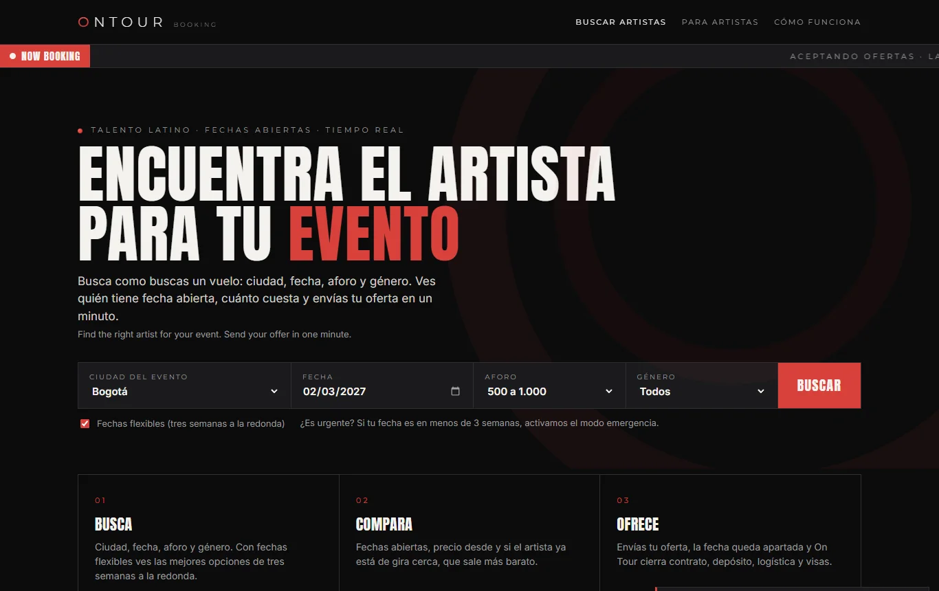 ONTOUR booking portal search: city, date, capacity and genre